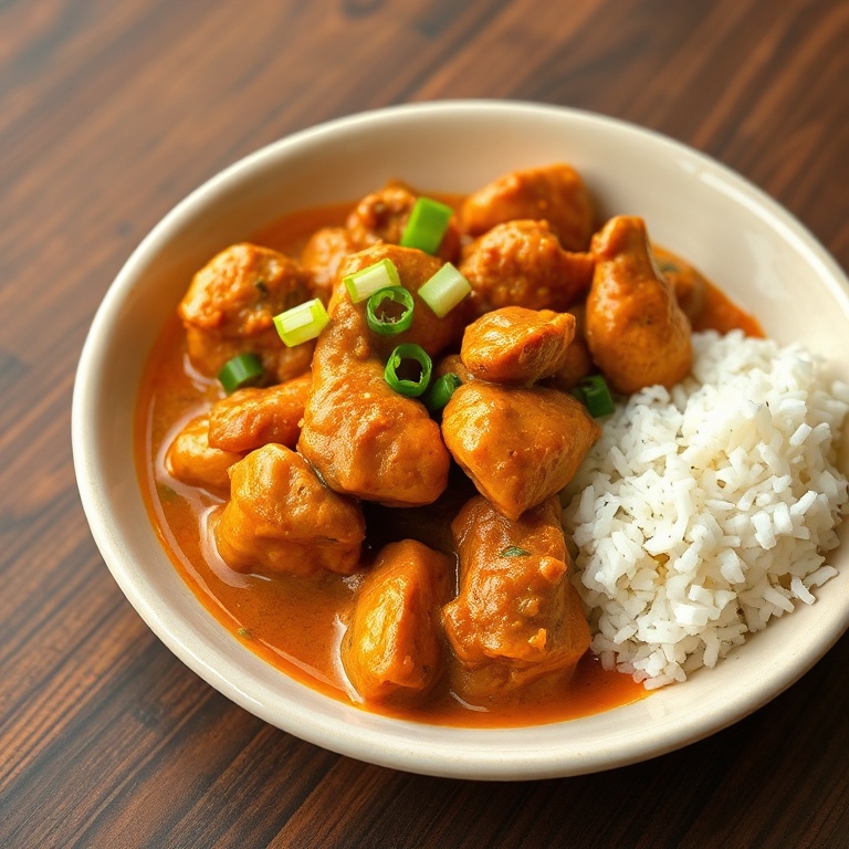 Single bowl of authentic Jamaican curry chicken garnished with fresh scallion slices, served in a wide ceramic bowl with a side of white rice, warm side lighting highlighting sauce sheen and chicken texture.