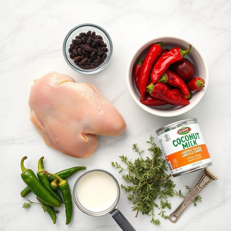 Overhead flat lay of raw ingredients: chicken thighs, Scotch bonnet peppers, fresh thyme sprigs, allspice berries, coconut milk cans, plus small prep bowls and stainless steel measuring spoons on white marble.