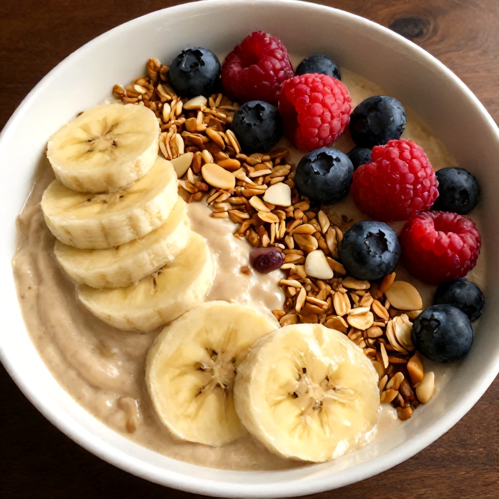Banana Peanut Butter Oat Smoothie Bowl with granola and fresh fruit