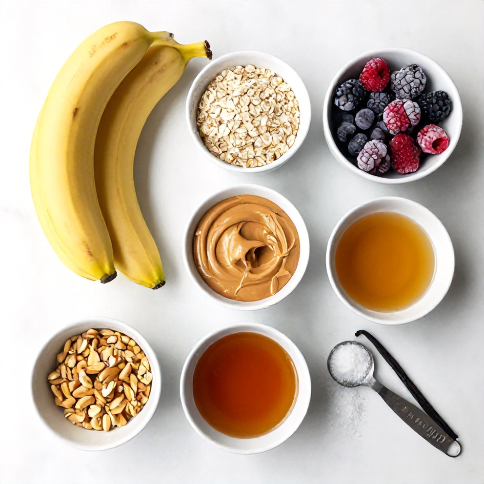Banana, peanut butter, oats, frozen berries, and other ingredients for the smoothie bowl