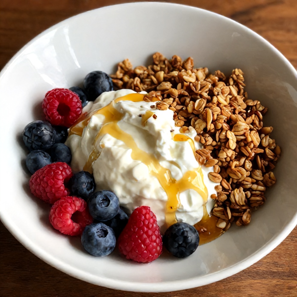 Plated Berry Cottage Cheese Bowl with fresh berries, granola, and honey drizzle