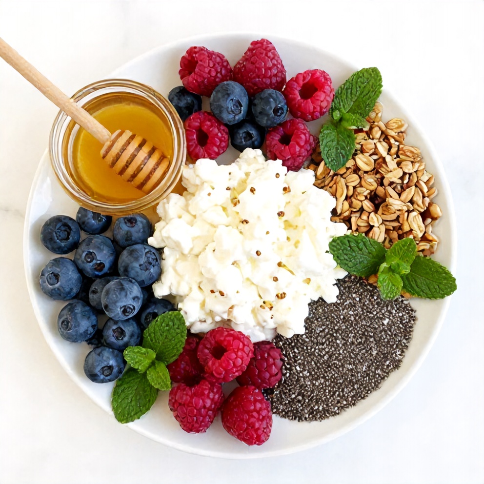 Raw ingredients for Berry Cottage Cheese Bowl including cottage cheese, mixed berries, honey, and granola