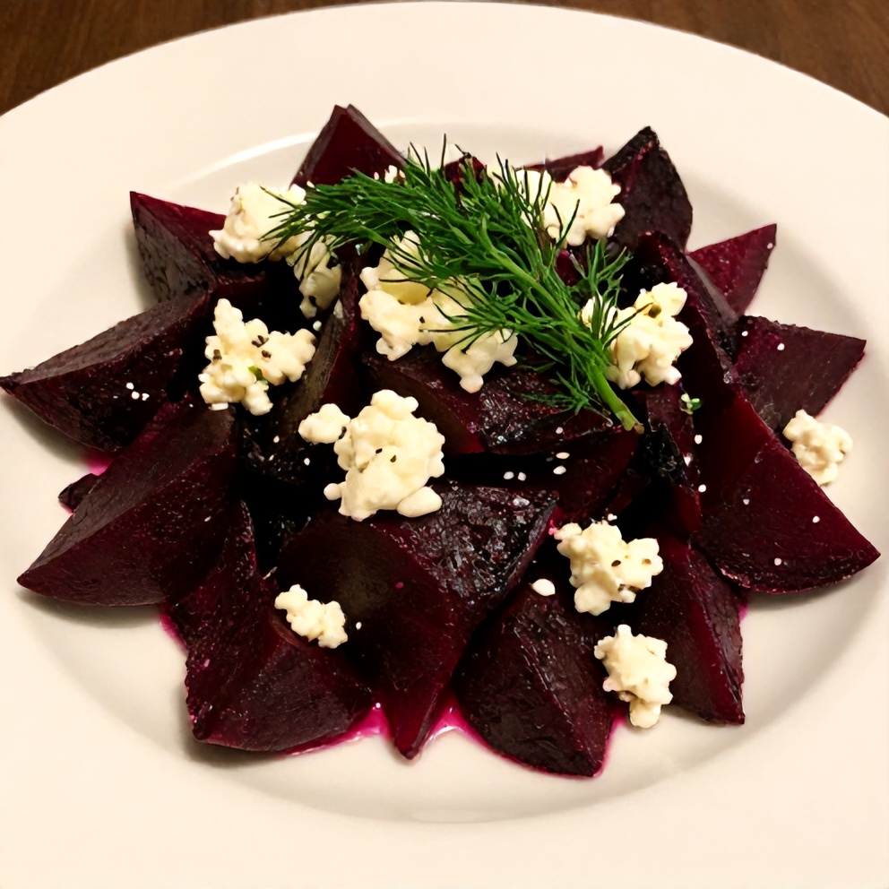 Plated beet salad with feta and fresh dill
