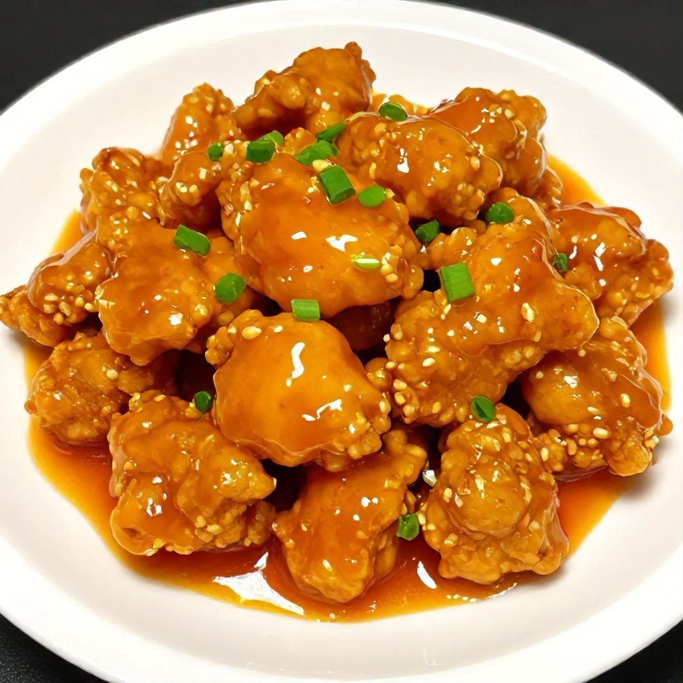 Plated orange chicken with green onions