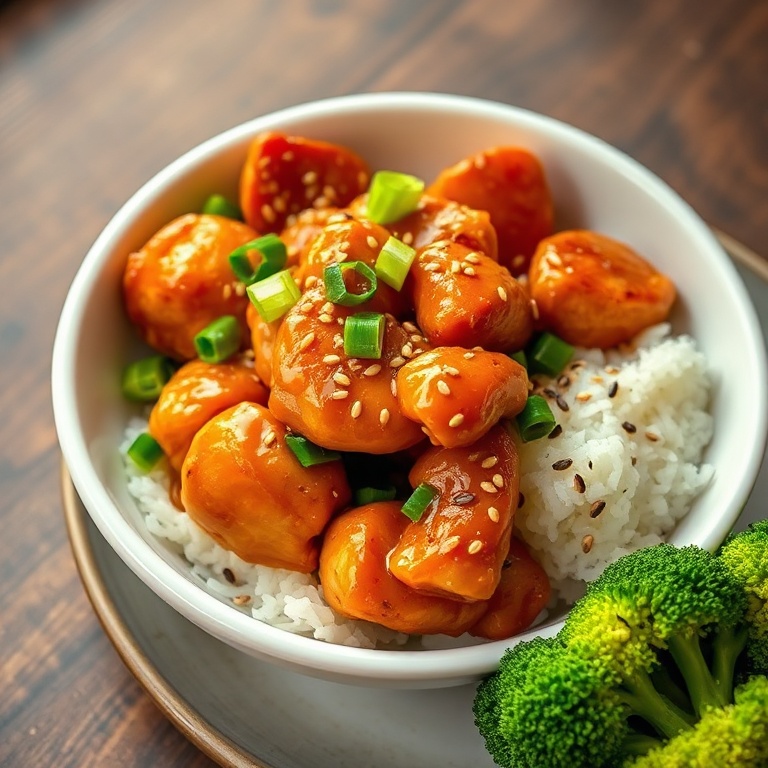 One plated serving of better than takeout orange chicken in a white ceramic bowl, garnished with sliced green onions and toasted sesame seeds, with a side of steamed broccoli. Warm side lighting highlights crispy chicken texture.