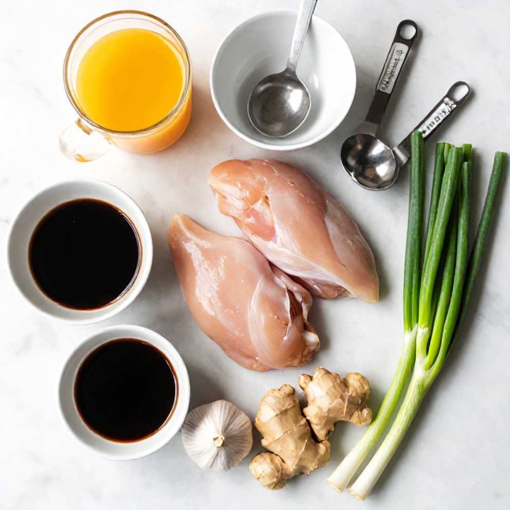 Raw ingredients for orange chicken on a marble surface