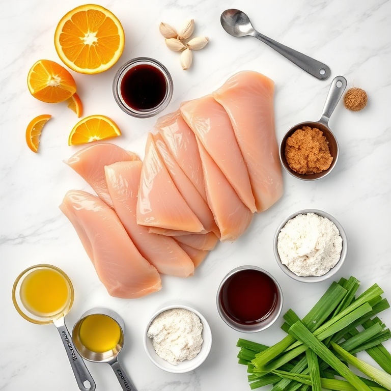 Overhead flat lay of chicken breast strips, orange zest, fresh orange juice, soy sauce, brown sugar, garlic cloves, ginger root, cornstarch, sesame oil, and green onions on white marble. Measuring spoons and small prep bowls visible.