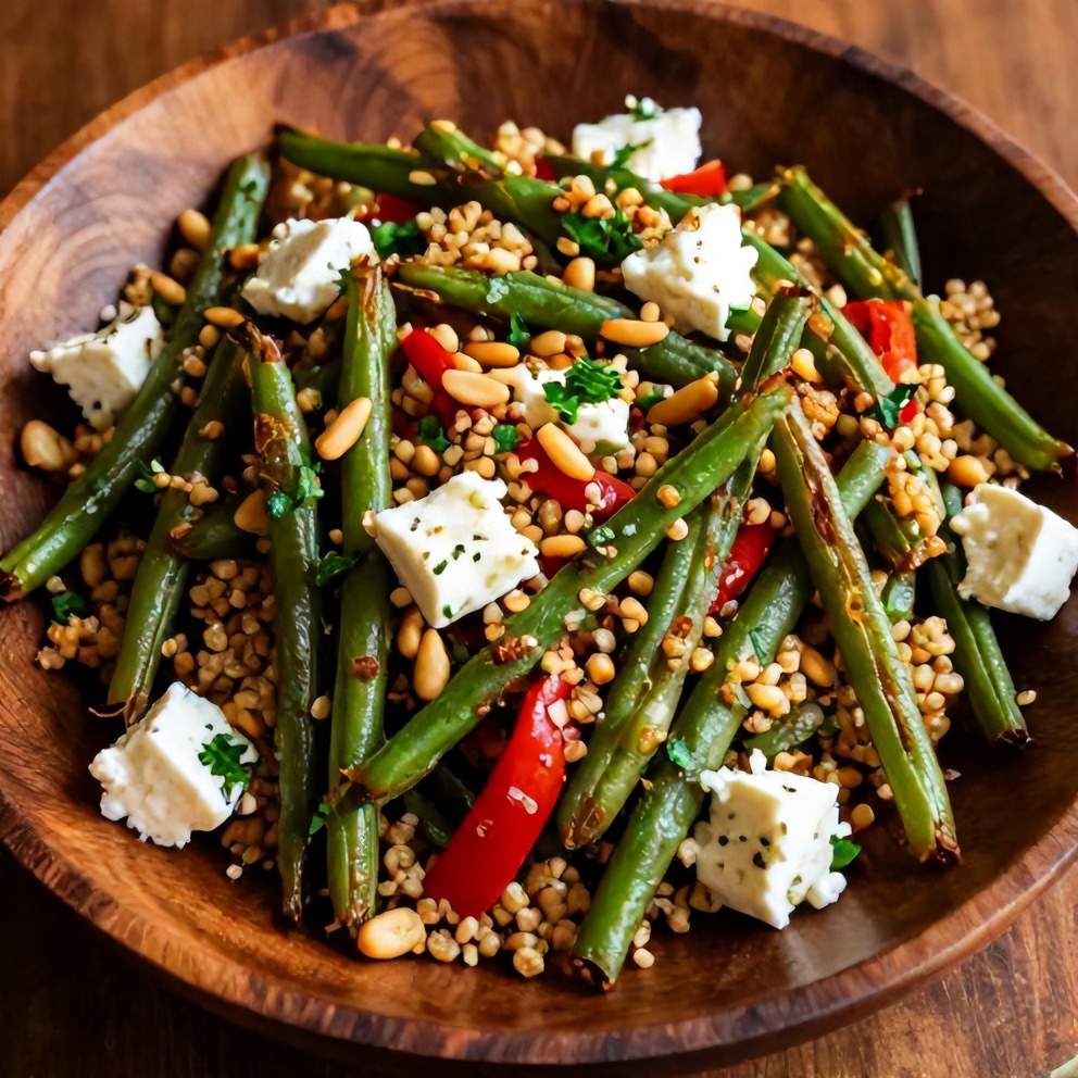 Roasted Green Bean Quinoa Salad with Red Pepper and Feta