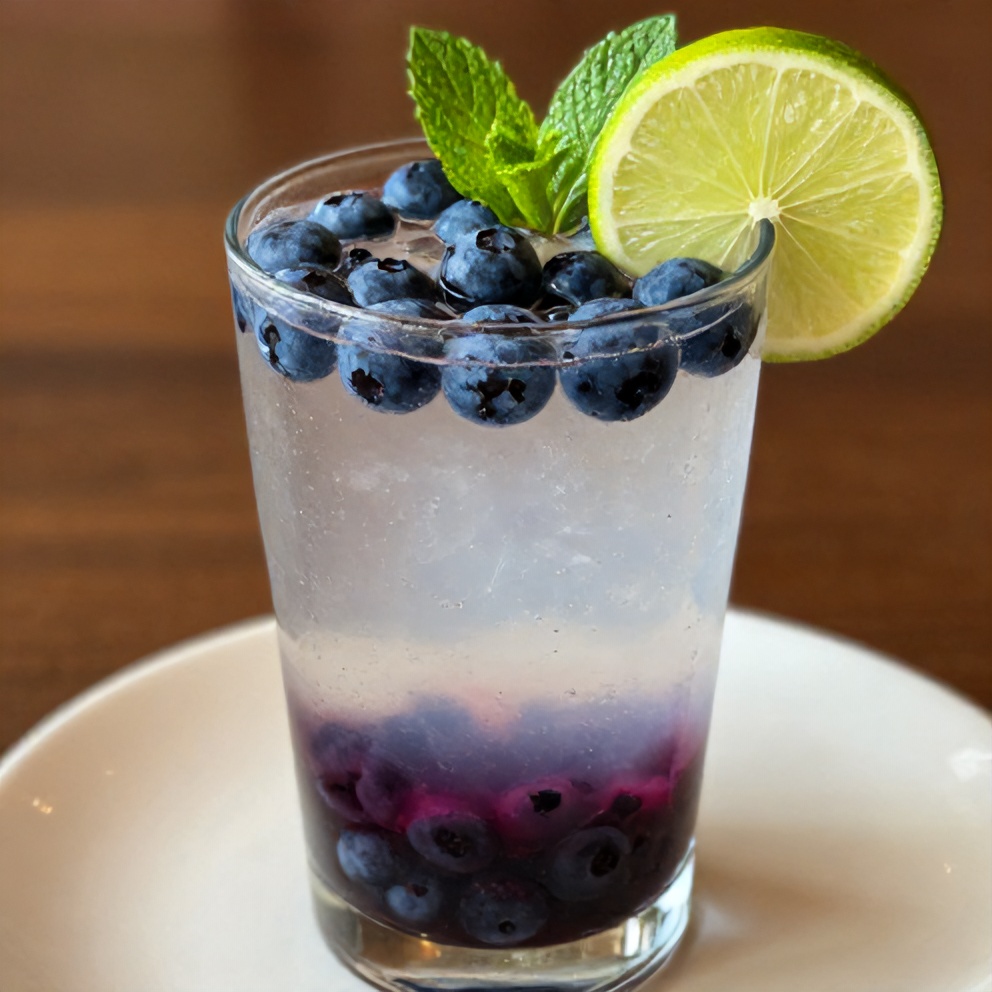 Blueberry coconut water drink garnished with a lime wheel and mint leaves