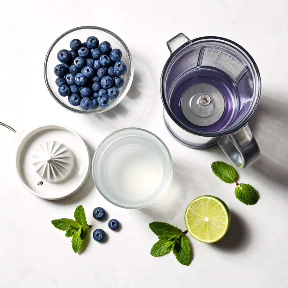 Blueberries, coconut water, lime, and mint leaves on a wooden surface