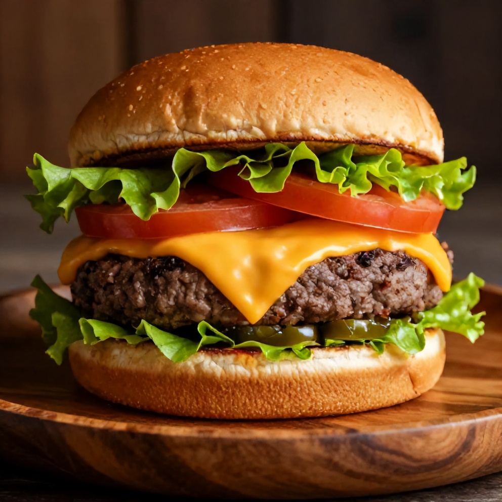 Plated Cheddar Jalapeño Burger with lettuce and tomato