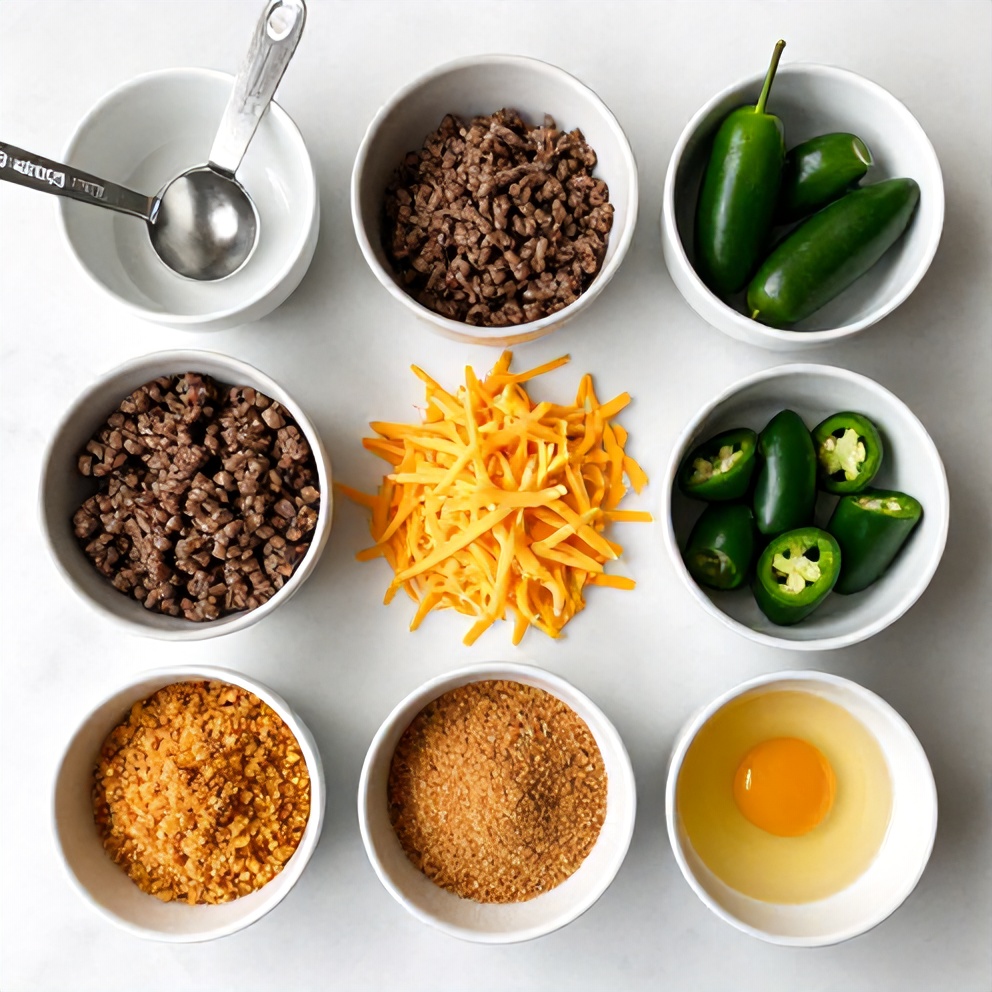 Raw ingredients for Cheddar Jalapeño Burgers on a marble surface