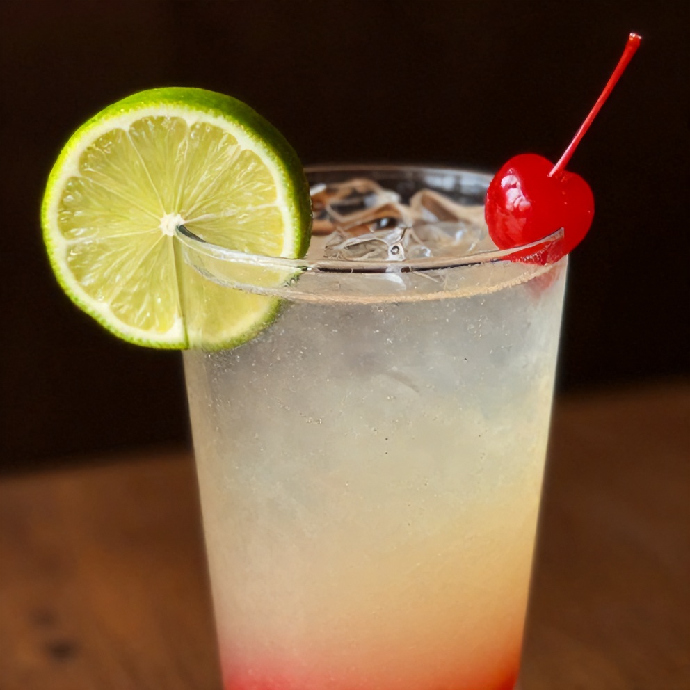 A refreshing glass of cherry limeade with a lime wheel and cherry garnish