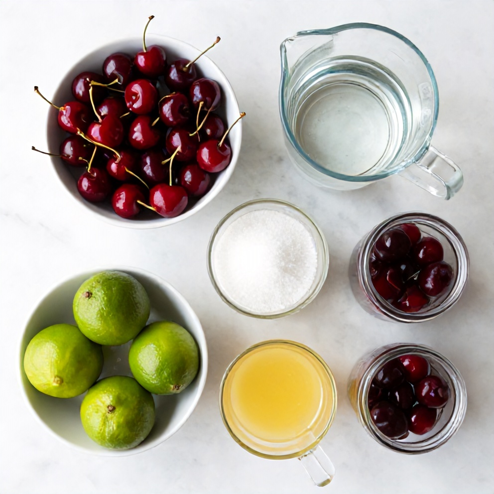Ingredients for cherry limeade: cherries, limes, sugar, water, ice, and maraschino cherries