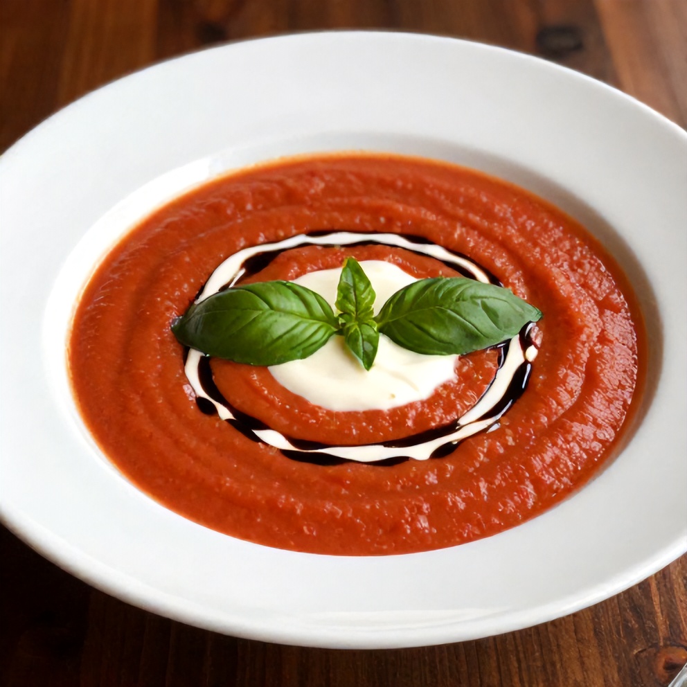 Chilled Roasted Tomato Basil Soup with Coconut Cream served in a bowl