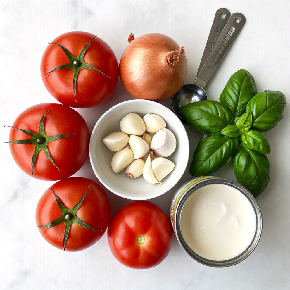 Ingredients for Chilled Roasted Tomato Basil Soup with Coconut Cream