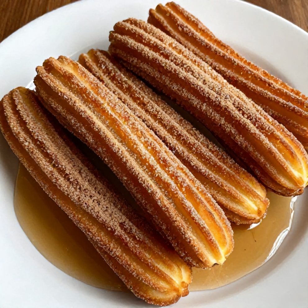 Plated cinnamon sugar churro pancakes with a side of syrup