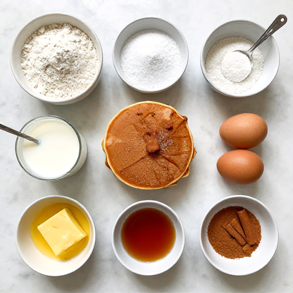 Raw ingredients for cinnamon sugar churro pancakes arranged on a marble surface