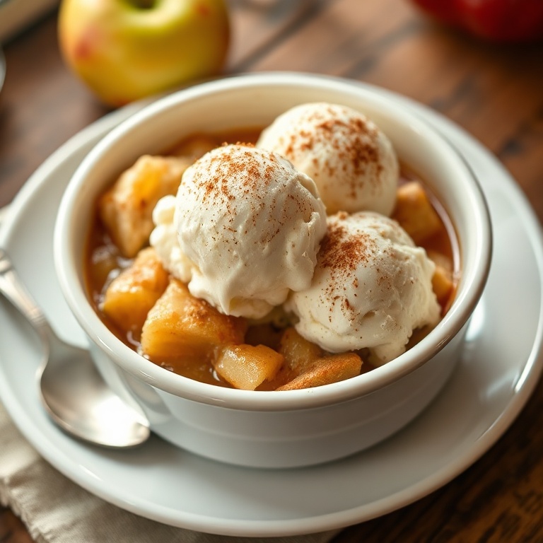 Single serving of warm classic apple cobbler in a white ceramic bowl topped with vanilla ice cream and a sprinkle of cinnamon.