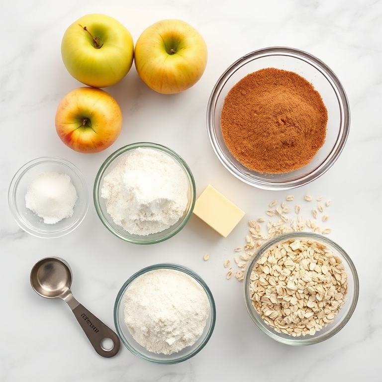 Raw ingredients for classic apple cobbler: Granny Smith apples, brown sugar, all-purpose flour, butter, old-fashioned oats, cinnamon, baking powder, and nutmeg arranged on white marble.
