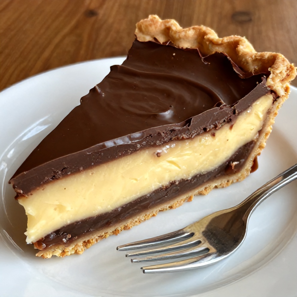 Sliced Boston Cream Pie on a plate