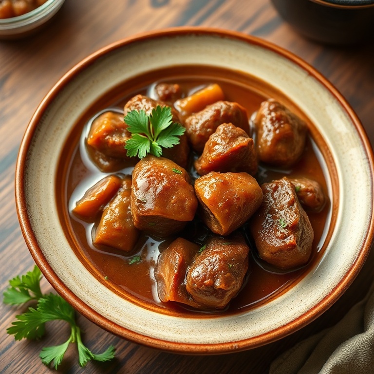 Close-up of one bowl of classic hearty beef stew garnished with fresh parsley, served in a rustic ceramic bowl with steam rising.