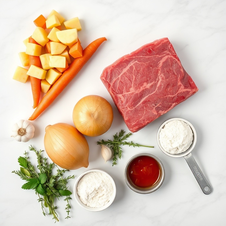 Overhead flat lay of raw ingredients: 2 lbs chuck roast cubes, 3 large carrots, 2 Yukon Gold potatoes, 1 yellow onion, 4 garlic cloves, plus thyme, bay leaves, tomato paste, and flour.