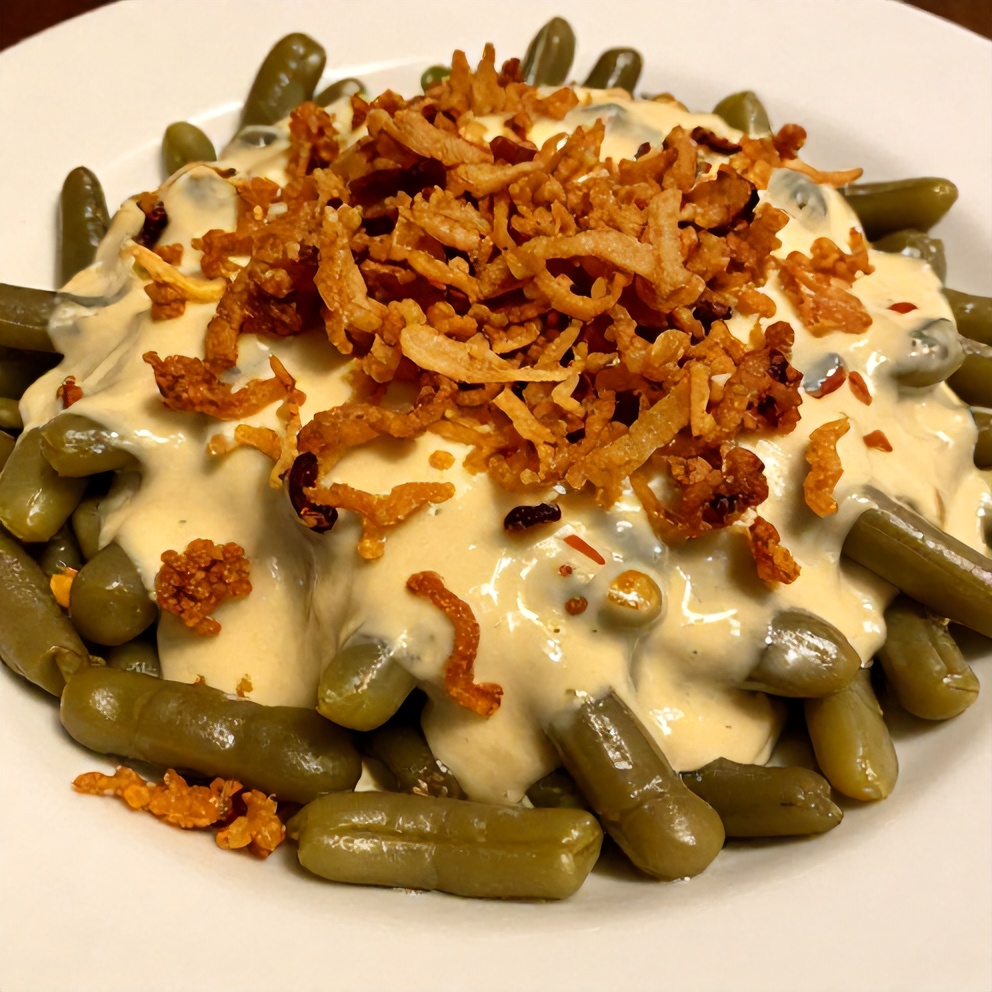 Green bean casserole on a dinner plate