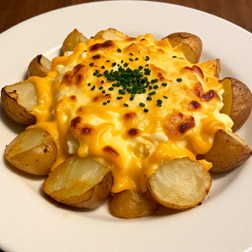 Plated serving of classic scalloped potatoes with cheddar cheese