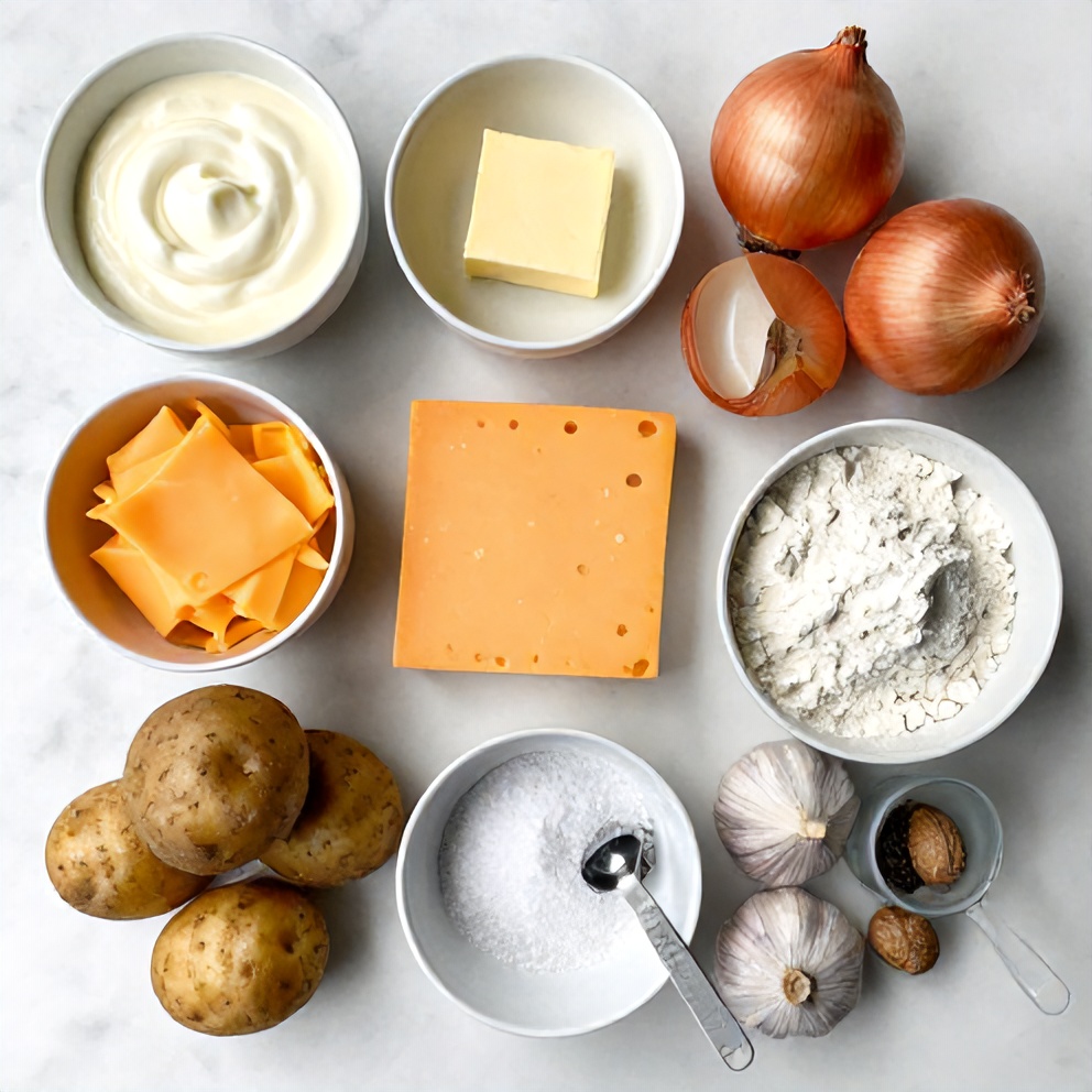 Raw ingredients for classic scalloped potatoes with cheddar cheese