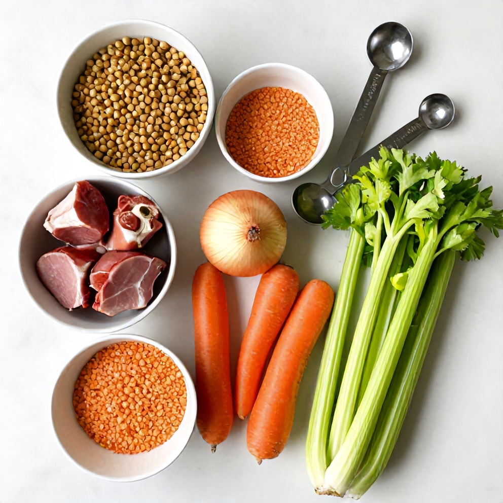 Split Pea Soup Ingredients on a Marble Surface