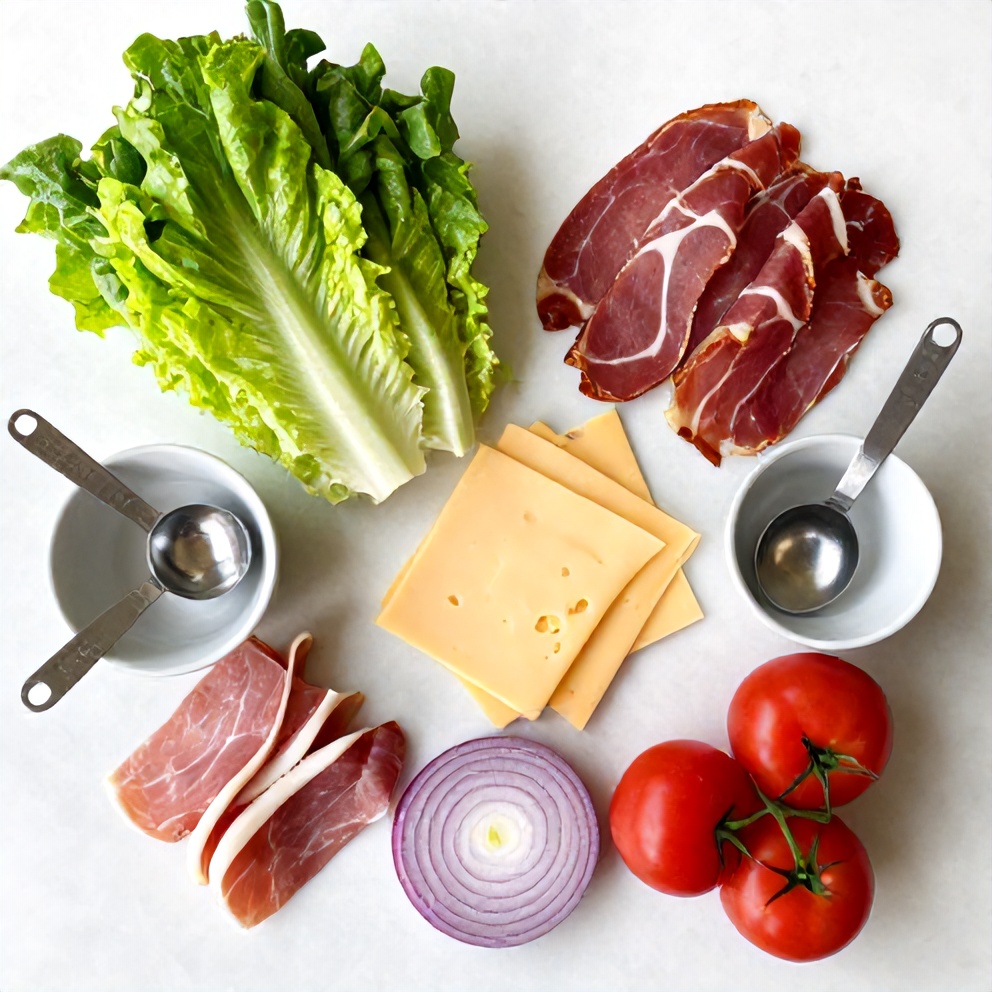 Raw ingredients for Columbia 1905 Salad with ham and Swiss cheese, arranged in a flat lay