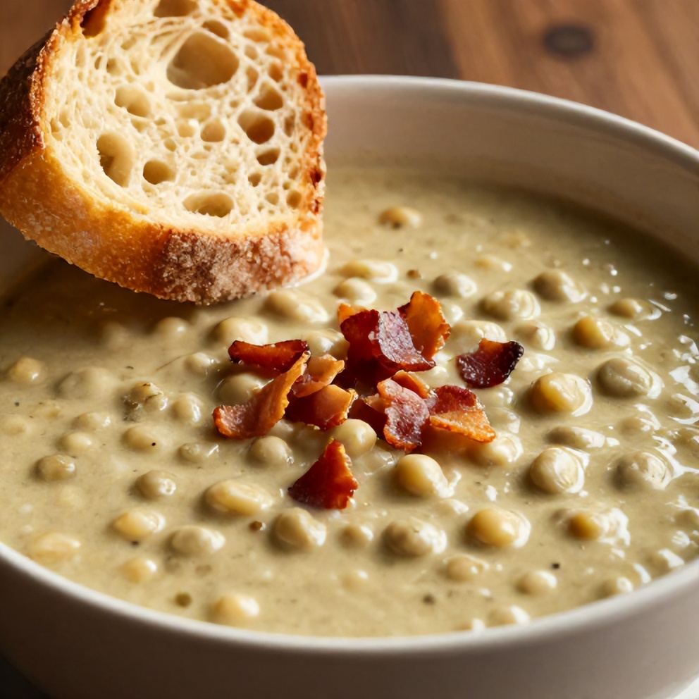 Bowl of creamy split pea soup with a side of crusty bread