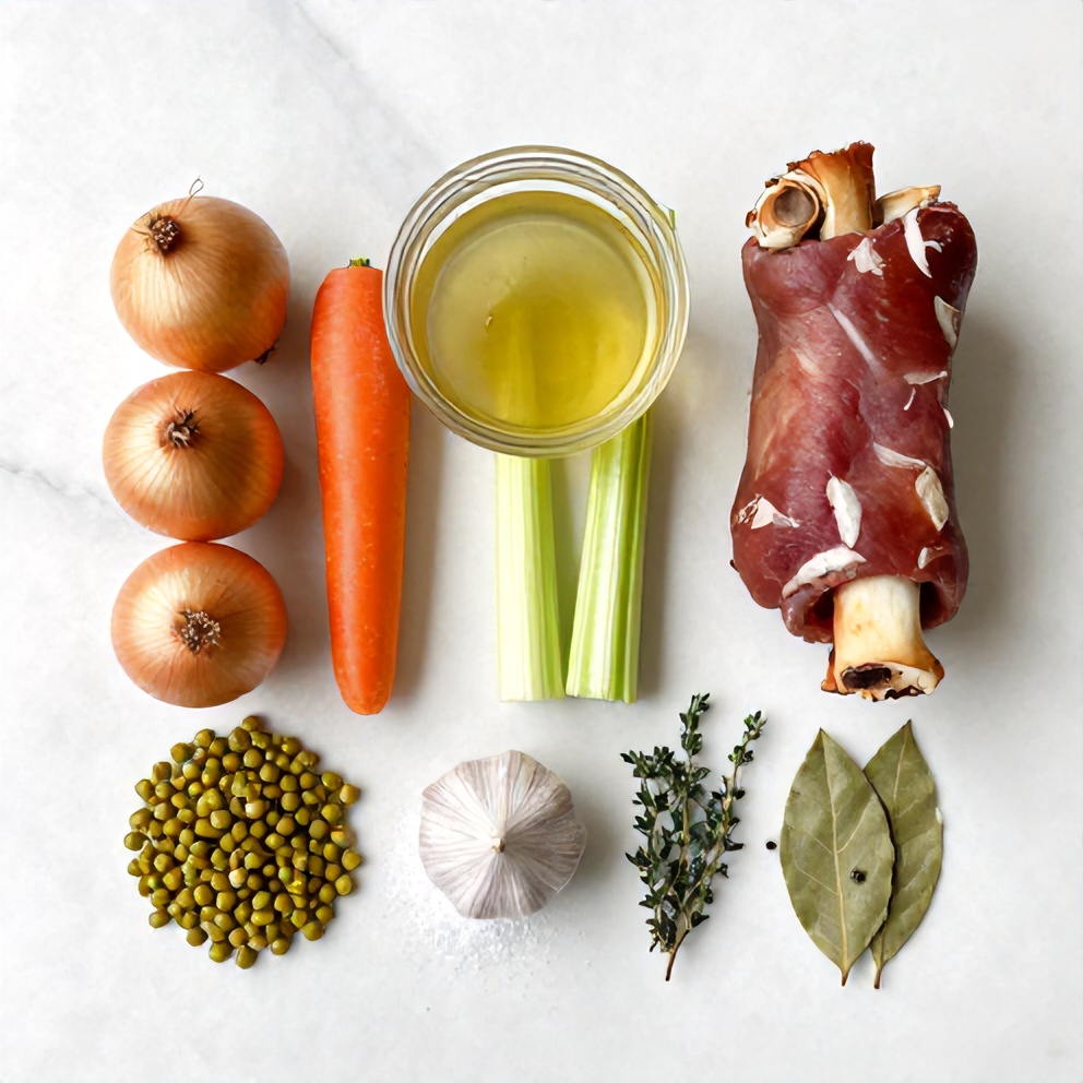 Split peas, onion, carrots, celery, garlic, vegetable broth, ham hock, bay leaves, thyme, salt, and pepper laid out on a white marble surface