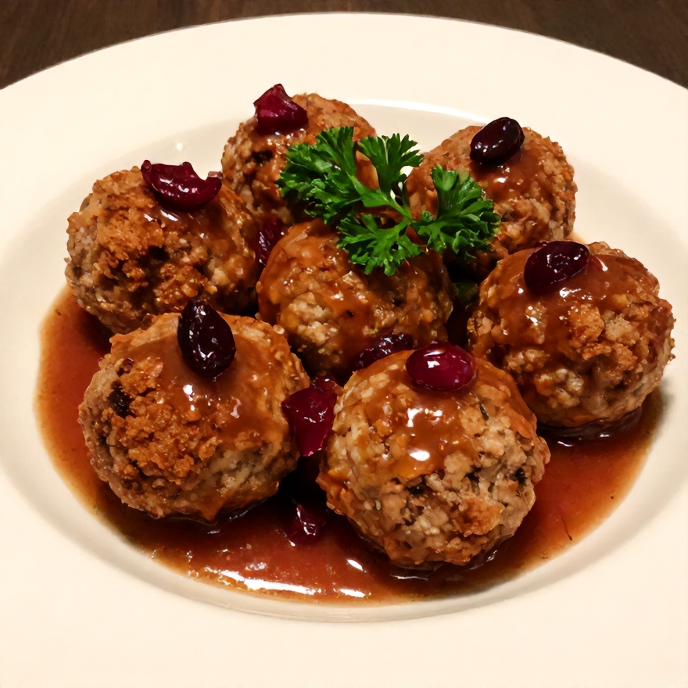 Plated cranberry meatballs with a garnish of fresh parsley