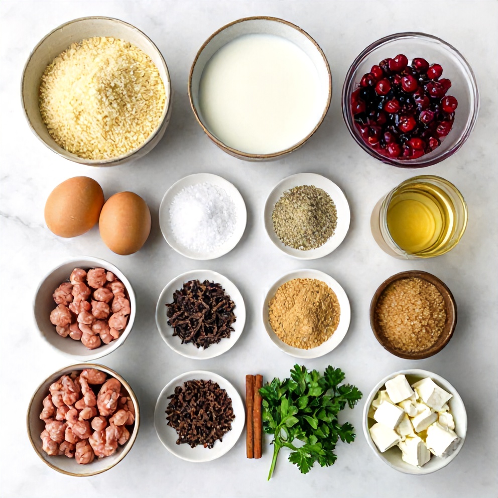 Raw ingredients for cranberry meatballs on a white marble surface