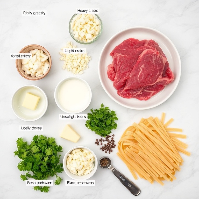 Overhead flat lay of raw ingredients for Creamy Steak Gorgonzola Alfredo Pasta: ribeye steak, gorgonzola dolce cheese crumbles, fettuccine pasta, heavy cream, unsalted butter, garlic cloves, shallots, fresh parsley, black peppercorns, and crushed red pepper flakes arranged on white marble surface with small prep bowls and stainless steel measuring spoons.