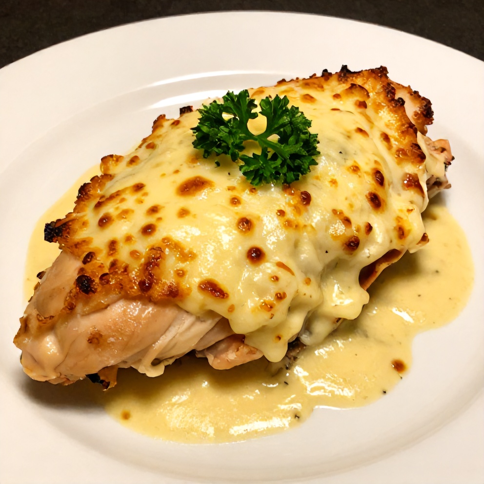 Plated serving of creamy baked lemon butter chicken with fresh parsley garnish