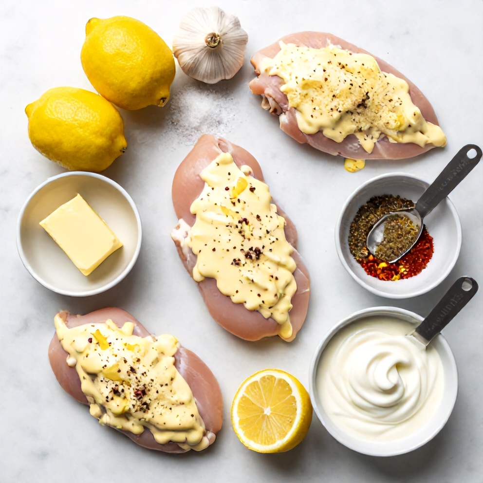Raw ingredients for creamy baked lemon butter chicken: chicken breasts, lemons, butter, garlic, heavy cream, parmesan cheese, etc.