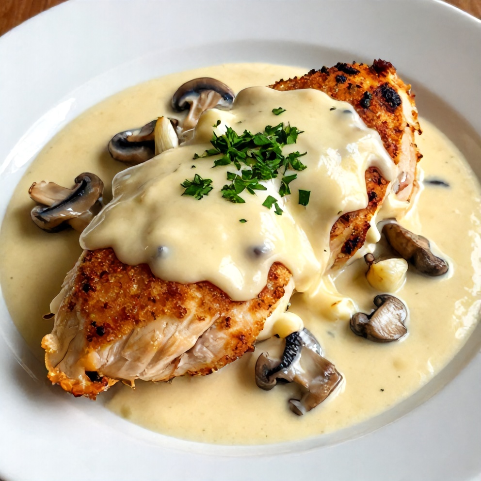 Plated Creamy Boursin Chicken with garnish