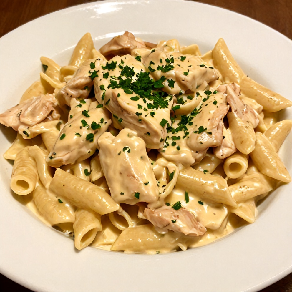 Plated creamy Cajun chicken pasta with chopped parsley