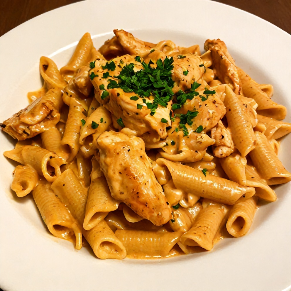Plated Cajun Chicken Pasta with parsley garnish