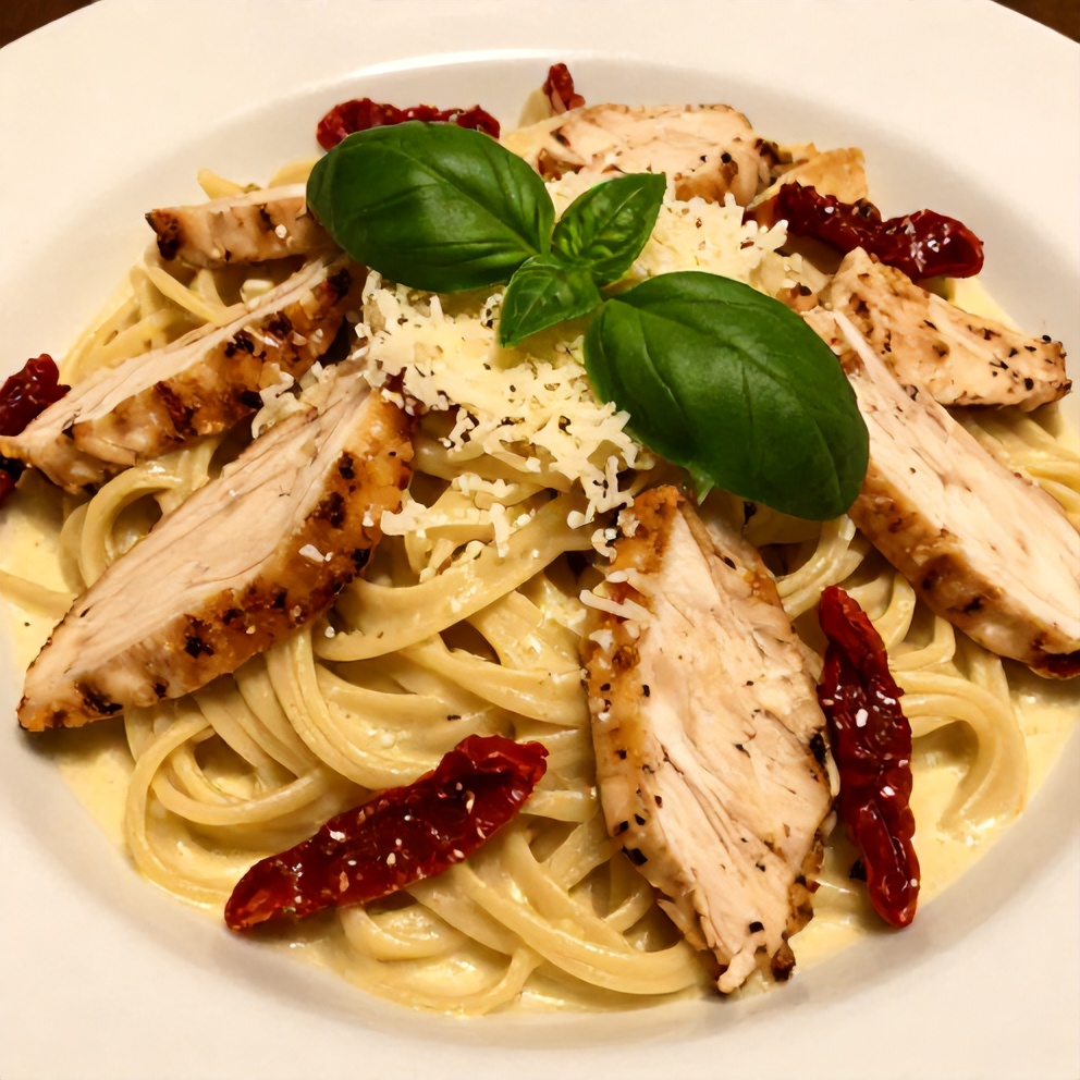 Plated Creamy Chicken Pasta with Sun-Dried Tomatoes