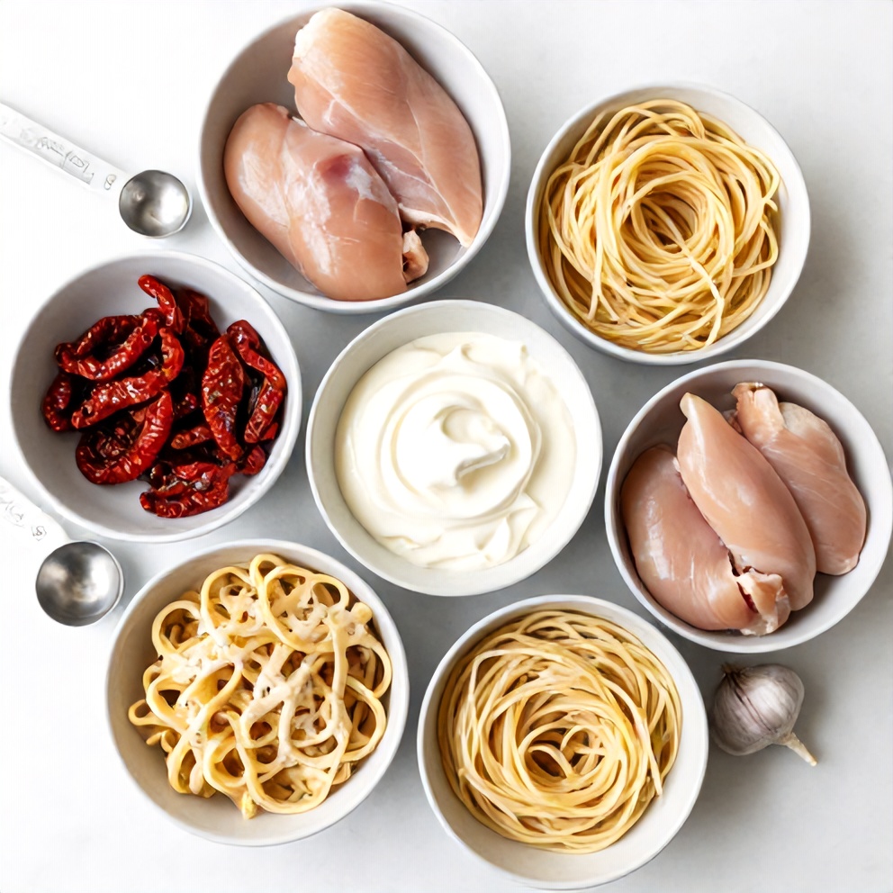 Raw Ingredients for Creamy Chicken Pasta with Sun-Dried Tomatoes