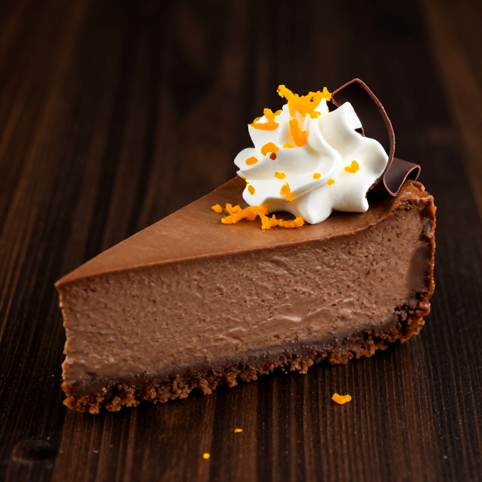 Sliced creamy chocolate orange cheesecake on a plate with orange zest and chocolate curls