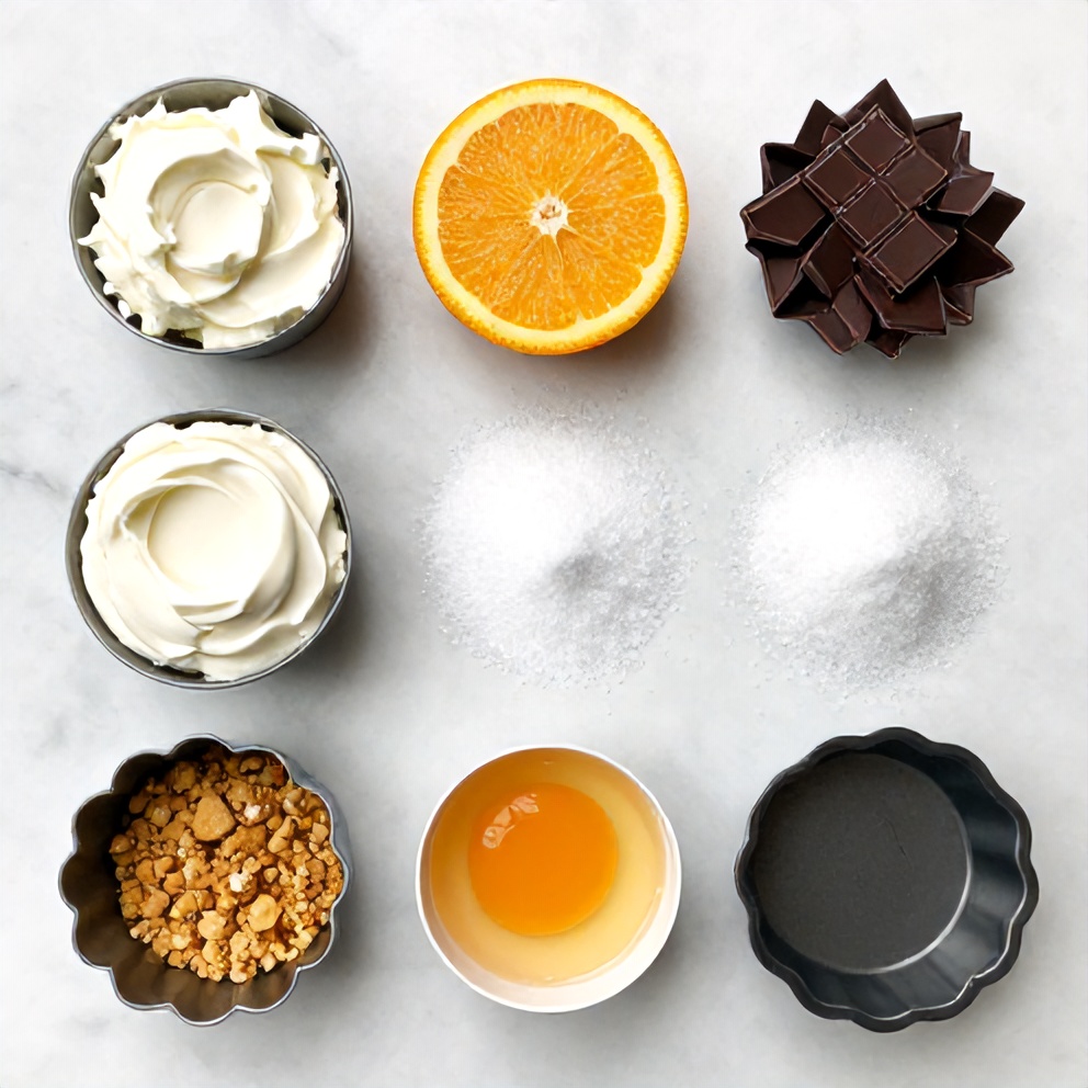 Raw ingredients for creamy chocolate orange cheesecake including cream cheese, orange zest, and dark chocolate