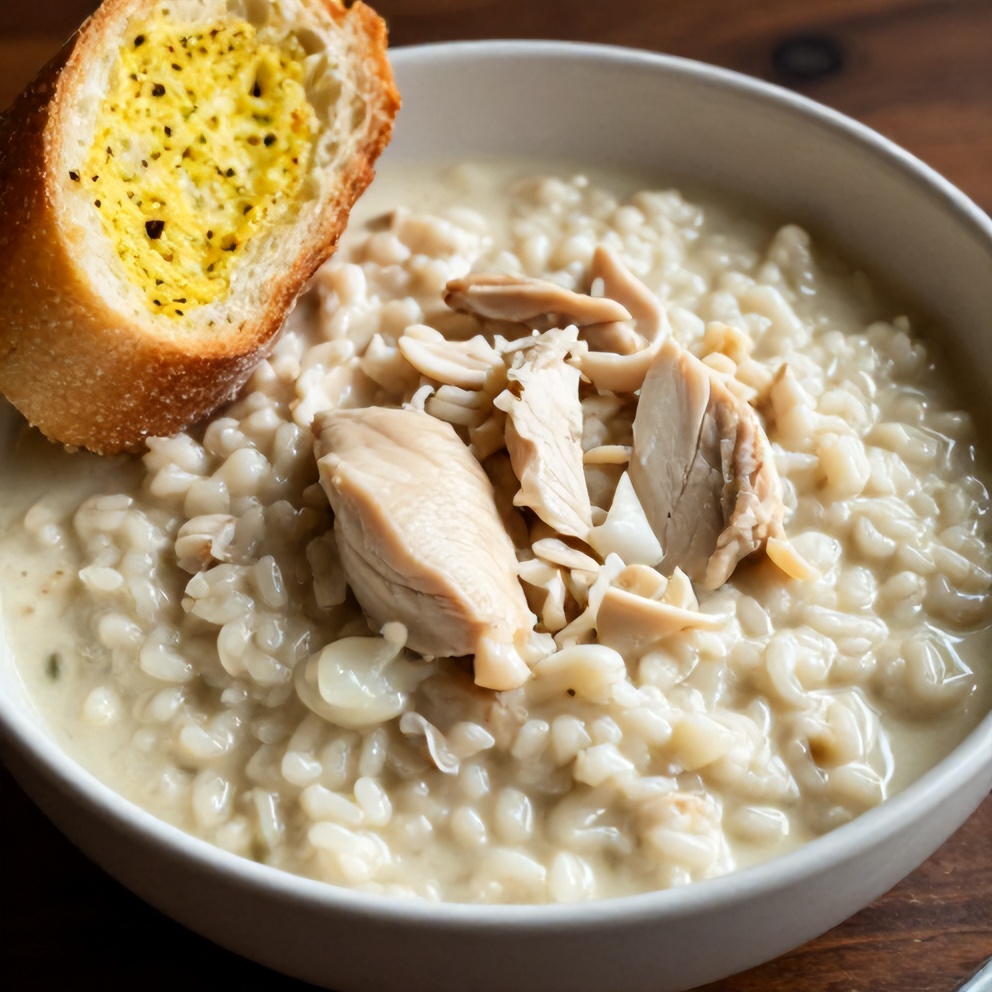 A bowl of creamy coconut chicken brothy rice with a side of garlic bread