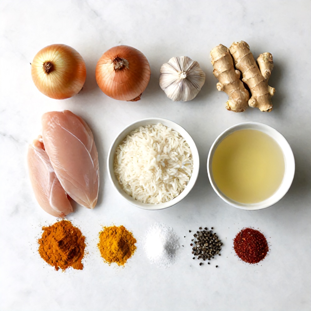 Raw ingredients for creamy coconut chicken brothy rice arranged in a flat lay