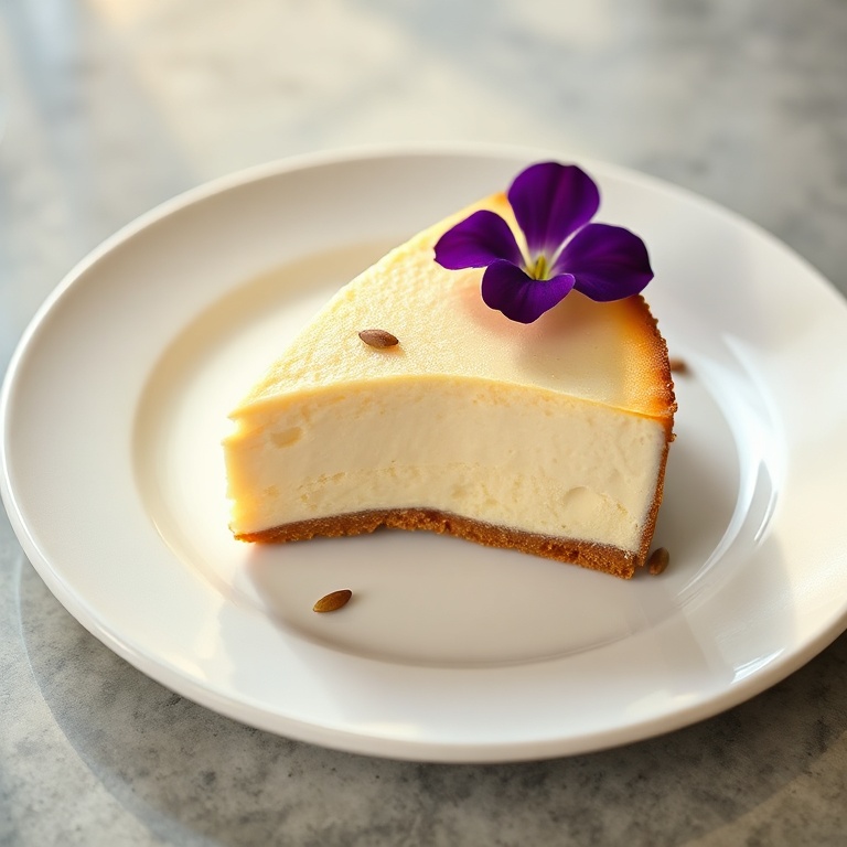 Single slice of creamy crème brûlée cheesecake plated on a matte white ceramic plate, garnished with fresh vanilla bean seeds and a single edible violet.