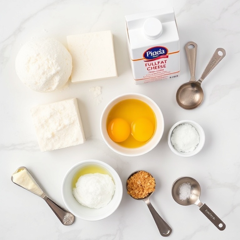 Overhead flat lay of granulated sugar, full-fat cream cheese, heavy cream, egg yolks, vanilla bean pod, graham cracker crumbs, butter, and fine sea salt on white marble with small prep bowls and measuring spoons.